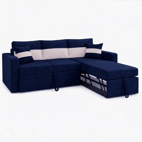 Image of FURNY Soria 4 Seater RHS Lounger Sofa Cum Bed (Dark Blue - Cream) with Pull-Out Function | Luxury Velvet Suede Finish | Durable Comfort | Ideal for Living Room
