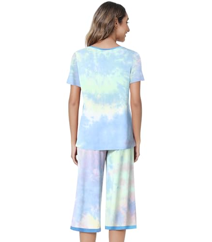 Image of NACHILA Pajamas for Women-Viscose Made from Bamboo,Satin Crew Neck Pajama Sets Short Sleeve Pjs with Capri Pants