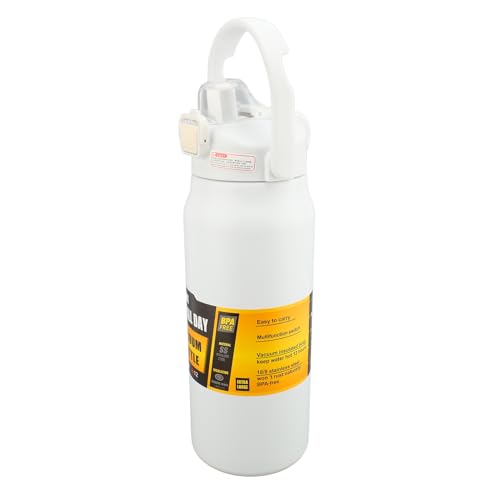 Qukaim Botella de agua aislada de 1500 ml, boca ancha, acero inoxidable 304, con tapa y asa, reutilizable, para hombres y mujeres, gimnasio, color blanco
