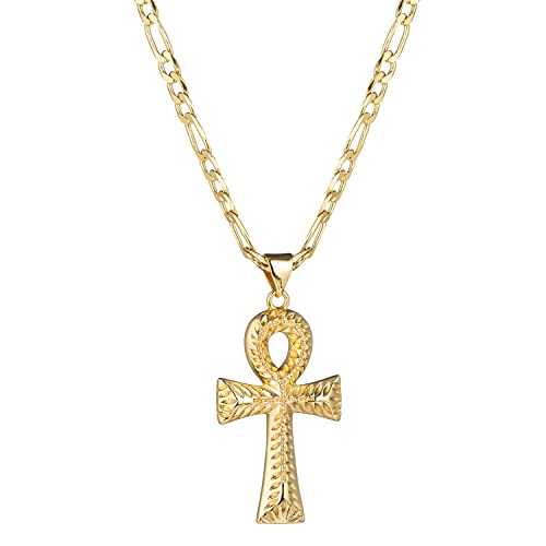 kelistom 14K Gold Silver Tone Stainless Steel Ankh Cross Pendant Necklace for Women Men 3mm Flat Figaro Chain Egyptian Cross Necklace 18/22 inches