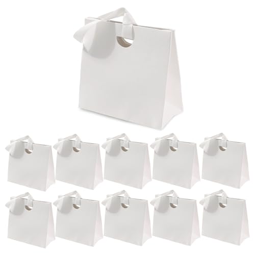 Paquete de 10 mini bolsas de regalo con asas de cinta, bolsas de papel reutilizables, 6.1 x 2.9 x 5.7 pulgadas, pequeña bolsa de papel para cumpleaños, baby shower, recuerdos de fiesta, boda, bautizo