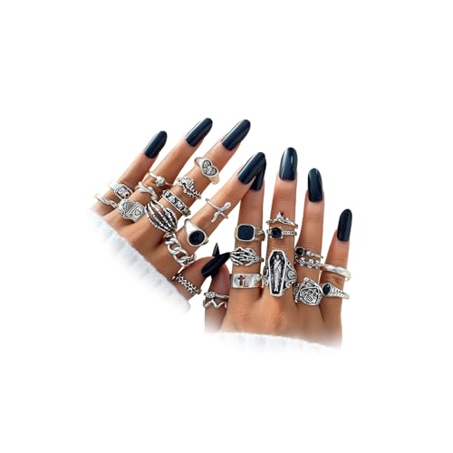 IFKM 25PCS Vintage Silver Knuckle Rings Set for Women, Stackable Joint Finger Statement Rings Bohemian Retro Hollow Carved Midi, Boho Halloween Skeleton Skull Snake Heart Chunky Stacking Pack (Halloween Skull)