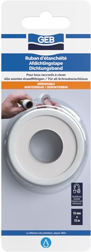 GEB Ruban d'étanchéité en PTFE - 12 m x 12 mm x 0,075 - Blanc - Compatible eau potable