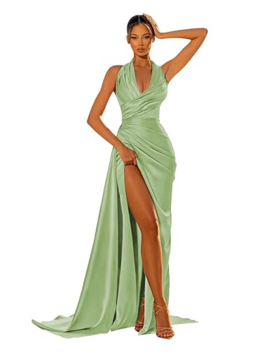 Image of GUKARLEED Women's Ruched Satin Prom Dresses Halter Formal Dress V Neck Ball Gowns Mermaid Long Wedding Guest Dress with Slit