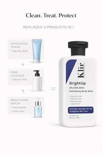 Image of Klir BrighUp 5% AHA BHA Serum Exfoliating Body Wash 200ml | For Body Acne, Strawberry Skin, De-Tan | Infused with Lactic Acid, Salicylic Acid, Glycolic Acid, Niacinamide | Non-Drying, Paraben Free