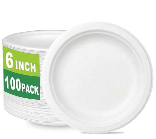 CantaGreen 6 inch Small Compostable Dessert Plates 100 Count Heavyduty Sugarcane/Bagasse and Bamboo Fibre Biodegradable Disposable Paper Plate
