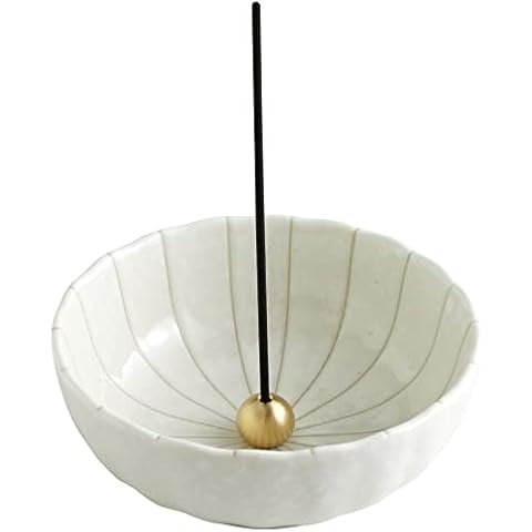 Asayu Japanese Lotus Incense Holder for Sticks 10.5cm (4.1 inch), Traditional Made in Japan Ceramic Ash Catcher and Brass Incense Burner Set - White Lotus Cover