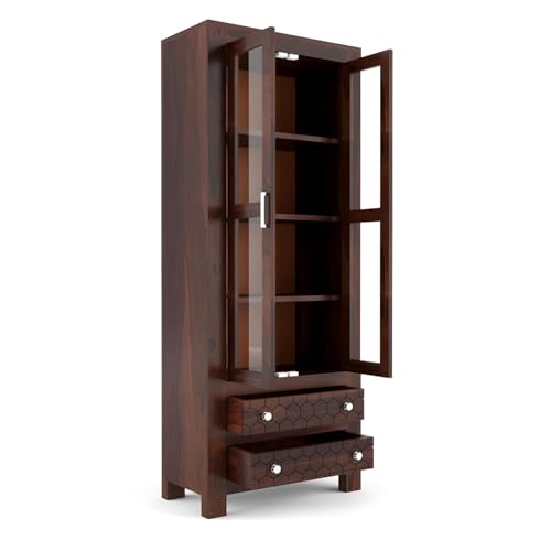 Image of Solid Sheesham Wood Bookshelf with Acrylic Glass Door & Storage Drawers | Rosewood Display Cabinet for Living Room & Office (Walnut Finish)
