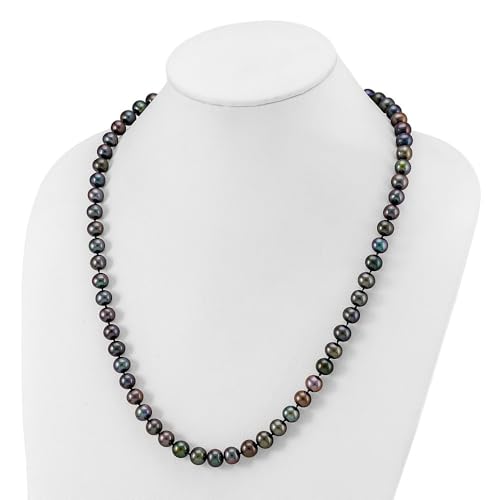 Stainless Steel Polished 9-10mm Hand Knotted Black Round Freshwater Cultured Pearl Chain Necklace 24"4