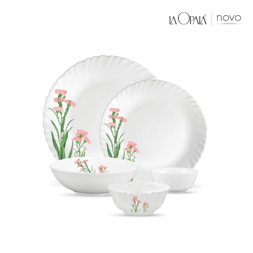 Image of La Opala Opal Glass Crockery | for Family of 4 | Dinner Set 18 pcs Pink Florets | Plates & Bowls for Dining | Microwave Safe | 100% Vegetarian | Extra Strong | Extra Light & White