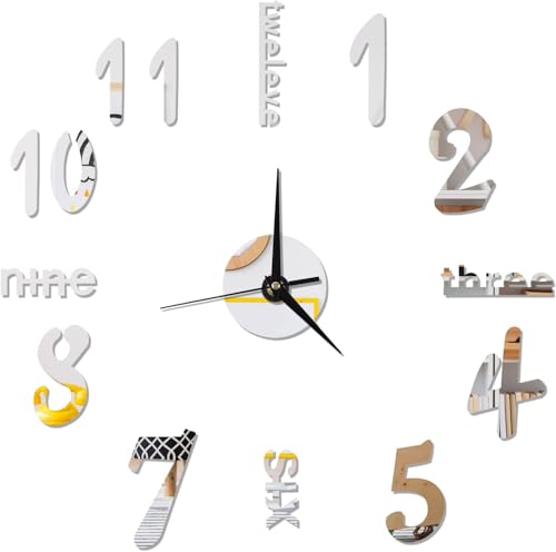 Zoyiancy Large Wall Clock for Living Room Decor, Frameless DIY 3D Wall Clock, Mirror Wall Clock Modern for Home Decorations, Easy to Assemble, Adjustable Size