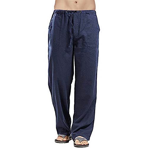 VANVENE Pantalon de yoga léger en lin pour homme - Couleur unie - Simple et décontracté, bleu, 3XL Cover