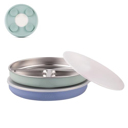 Elk and Friends Kids Stainless Steel Divided Plates with Silicone Suction Sleeves + Lid | Suitable for Babies/Toddlers | Dishwasher Safe | Stay Put Dinnerware | Snack Dishes | 2 Pack