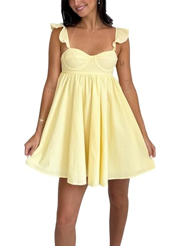 Image of NUFIWI Y2K Ruffle Hem Babydoll Mini Dresses Square Neck Spaghetti Strap Short Dresses Boho Flowy Patchwork Sundress Vocation