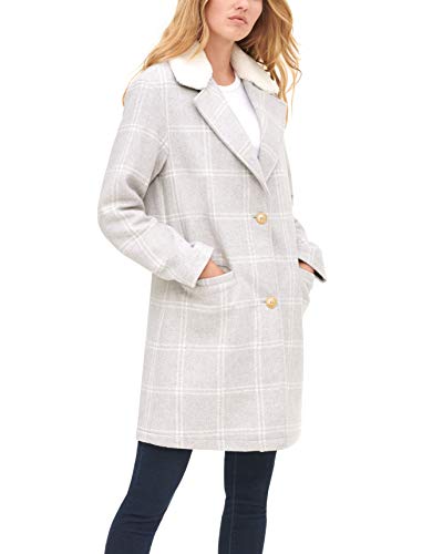 Levi s Women s Wool Blend Sherpa Collar Top Coat, New Light Grey Plaid, X-Small