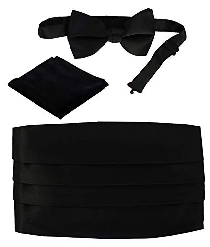 Gioberti Men's Adjustable Satin Cummerbund Set With Formal Bow Tie and Pocket Square, Black