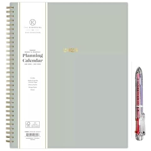 January 2025 December 2025 Year round Weekly/Monthly Planner, Size 11"x8.5", Wirebound Frosted Cover, by The Everygirl X Day Designer and 6 in-1 Colorful Ballpoint Pen from TheBeliver LLC (SAGE) Cover