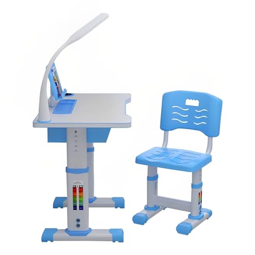 Image of SYGA Polypropylene Kids Height Adjustable Laminated Desk And Chair Set Study Table Writing Desk With Eye Protection Lamp Bookshelf (Upgraded-Blue-70Cm)