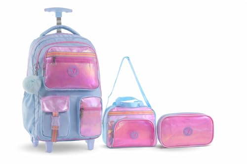 Kit Mochila Menina Infantil de Rodinha com Lancheira e Estojo Grande Escolar Ideal para Passeios Viagens Furta Cor Holografico (Azul)