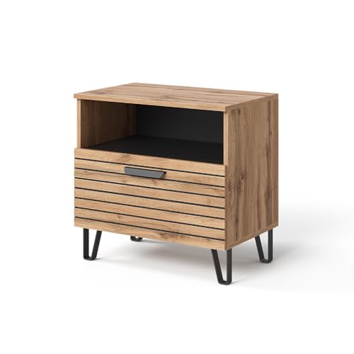 Vicco Table de Nuit Amber, Chêne Wotan, 60x58cm, pour Le Rangement de Livres, Lampes et Objets du Quotidien