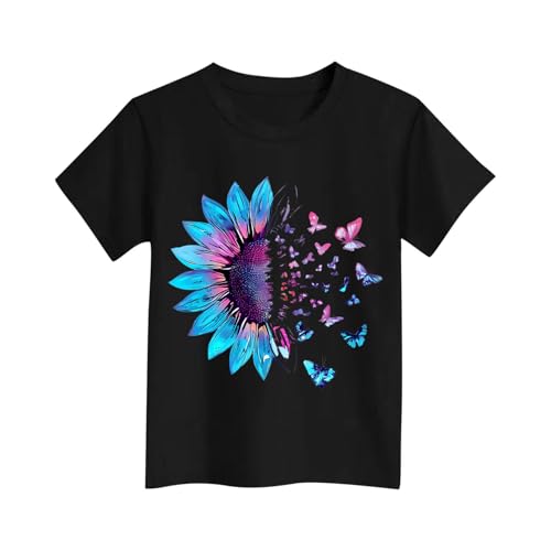 Girls Sunflower Butterfly Print T Shirts Short Sleeve Kids Casual Summer Tops Loose Crewneck Basic Tees for 3-15 Years3