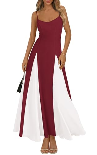 PRETTYGARDEN Spaghetti Strap Backless Summer Dresses for Women 2025 Flowy Maxi Dresses Sleeveless Wedding Guest Dress (Wine Red White, Large)