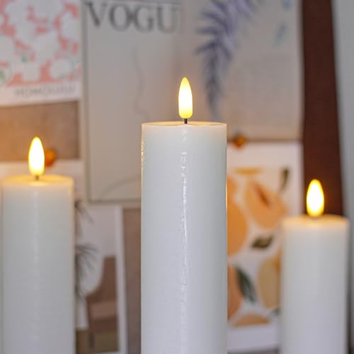 Image of Flickering Flameless Pillar Candles with Remote Control and Cycle Timer,White Pack of 4 Battery Operated(Powered by 2AA) LED Real Wax Tall Fake 3D-Wick Electric Candles(D 2.2 inch x H 4 inch,6 inch,8 inch,10 inch)