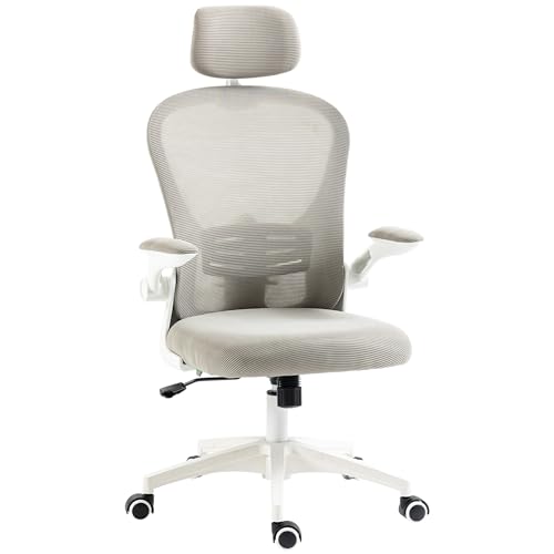 Vinsetto Silla de Malla Basculante Silla de Oficina Giratoria Silla de Escritorio con Respaldo Alto Reposacabezas Ajustable Soporte Lumbar 4D Brazo Abatible Altura Ajustable 62x64x112-120 cm Gris