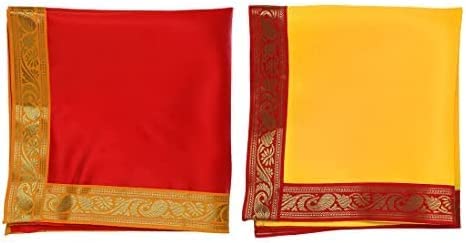 Aditri CreationRed & Yellow Small Pooja Cloth Mat Aasan Decorative Cloth Set of 2 (Size:-12 Inches X 16 Inches,) for Multipurpose Pooja Decorations Item & Article Yellow Laxmi