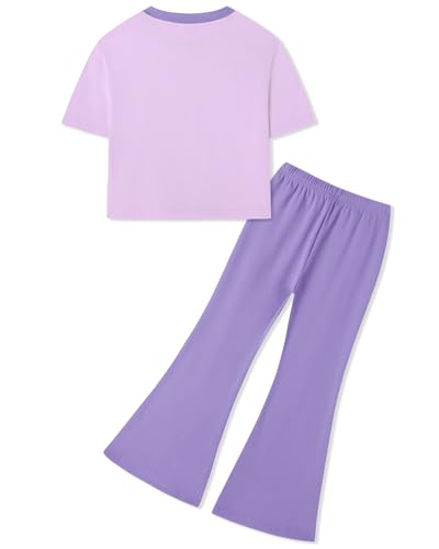 Image of Girls 2 Piece Outfit Colorblock Short Sleeve Graphic Tee & Flared Pants Casual Summer Clothes Set for Age 6-14