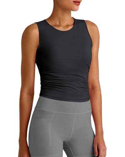 G4Free Crop Tank Tops for Women Sleeveless Athletic Workout Top High Neck Slim Fit Yoga Active Shirts Ruched Side (Black,M)