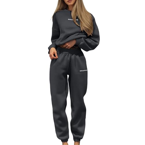 Duohropke Traje de ocio para mujer, traje de jogging monocolor, traje deportivo con letras estampadas, chándales básicos, sudadera sin capucha y pantalones de jogging, traje de dos piezas, GY2., M