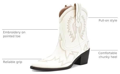 Image of HOCHFART Western Boots for Women Metallic Embroidered Pointed Toe Cowgirl Boots Chunky Heel Pull-On Short Cowboy Boots Wide Calf Country Ankle Boots