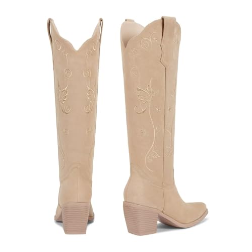 Image of wetkiss Cowboy Boots for Women Knee High, Low Heeled Stable and Comfortable | Knee High Cowgirl Boots,Western Boots with Embroidery,Pull On,Slip On,Non-slip Rubber Sole,Soft and Breathable PU Leather