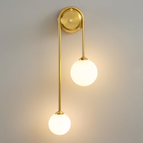 Image of Globe Wall Sconce, Double Hanging Ball Sconce, Modern Indoor Sconces | Gold Double Globe wall Sconce with Milk Glass Shades, Hardwired Indoor ball Sconce for Bedroom Bathroom Living Room Hallway