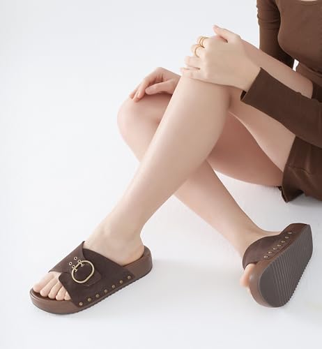 UBFEN Womens Platform Sandals Slides Genuine Leather Adjustable Buckle and Cushion Footbed Comfortable Slip On Retro Shoes3