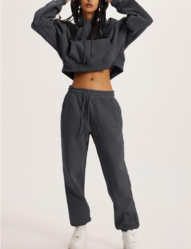 Flygo Womens Fleece 2 Piece Outfits Sweatsuit Crop Pullover Sweatshirt Joggers Pants Tracksuit Set