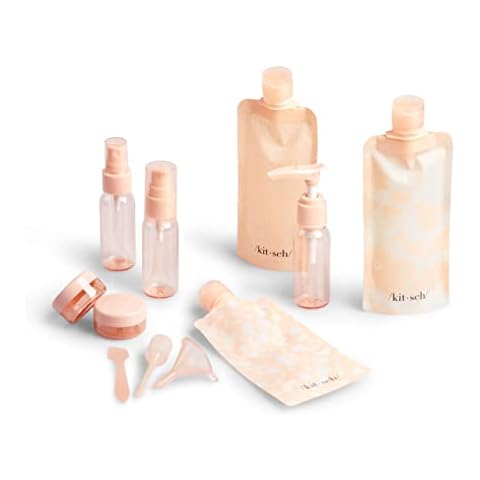Kitsch Refillable Flat Pouch Travel Bottles Set, Leak-Proof Travel Bottles for Toiletries (Pack of 11, Peach) Cover