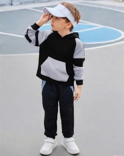 5-11Y Boys Clothes Long Sleeve Hooded Pullover Colorblock Sweatshirt + Pants 2pcs Fall Winter Outfit Set3