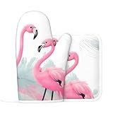 Juego de guantes de horno y soportes para ollas con estampado de flamenco rosa, guantes de horno de silicona resistentes al calor, almohadillas calientes, 2 manoplas de cocina antideslizantes para