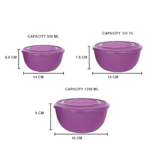 Image of Zaib Stainless Steel Microsafe Mixing Bowl Set with Lid, Purple, Set of 3 | Kitchen Food Storage, Serving & Reheating | Steel Inside Plastic Outside | Stackable (Classic Purple)