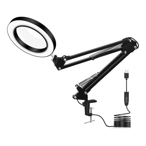 Microscope Desk Clamp Lighting Soldering Magnifying Glass with LED Light Third Hand Welding Reading Tool Table Lamp USB Repairing Magnifier(Black)
