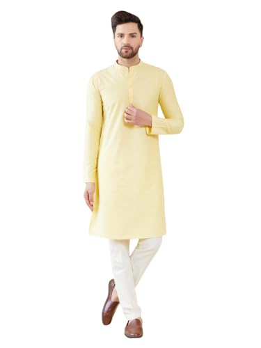 Image of See Designs Men Full Sleeve Sleeve Side Slit Mandarin Collar Cotton Solid Straight Kurta with Pyjama