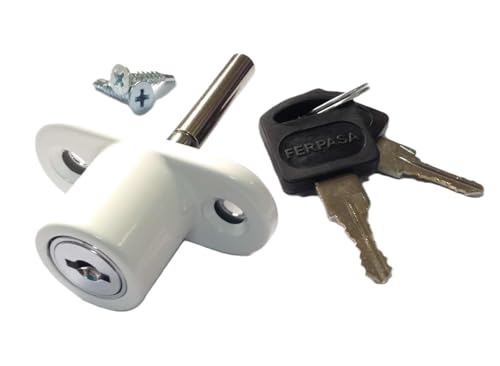 FERPASA® - Cerradura de Seguridad para Ventanas Correderas – Cierre de Sobreponer de Acero en Acabado Blanco con 2 Llaves y Tornillería (53,5 x 23,5 mm)