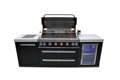 Mont Alpi MAi805-BSSFC 44-inch 6-Burner 115000 BTU Black Stainless Steel Gas Outdoor Kitchen Bar Island Grill w/ Wine Cooler Beverage Center Refrigerator + Infrared Side Burner + Granite Countertop