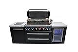 Mont Alpi MAi805-BSSFC 44-inch 6-Burner 115000 BTU Black Stainless Steel Gas Outdoor Kitchen Bar Island Grill w/Wine Cooler Beverage Center Refrigerator + Infrared Side Burner + Granite Countertop