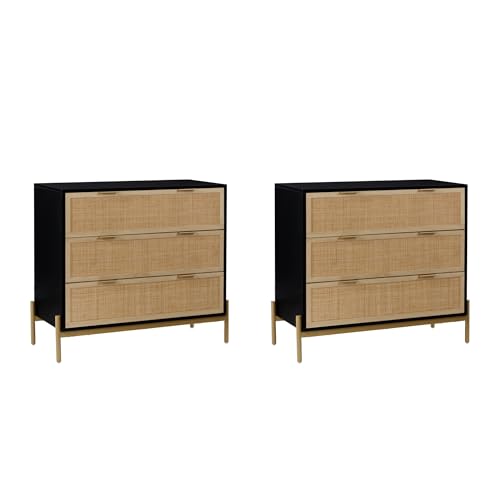 Image of Nathan James Andrew 3-Drawer Chest Rattan Dresser, Bohemian Deep Drawer Dresser for Bedroom with Natural Rattan Accent and Metal Legs, Matte Black, Set of 2