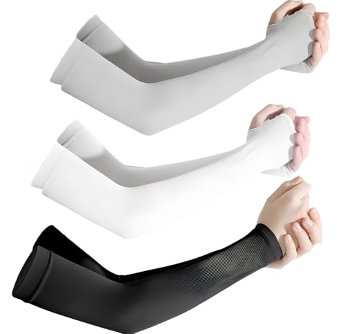 UPF 50+ Sun Protection Arm Sleeves 3 Pairs in Black White and Gray - UV Protection & Cooling Compression for Men Women & Youth Individually (black&white&grey 3 Pairs)
