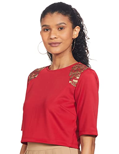 Image of RIVER Namrata Joshipura Solid Premium Designer Women's Crop Top with Embroidery RS2NJTP313B Red