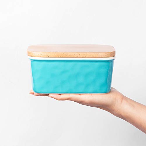 Krokori Large Butter Dish, Stoneware Ceramic Butter Dish Butter Container Margarine Dish Covered Butter Keeper with Wooden Lid Food Storage Box for Daily Use (5.5x3.6x2.6 inches, Aquamarine)